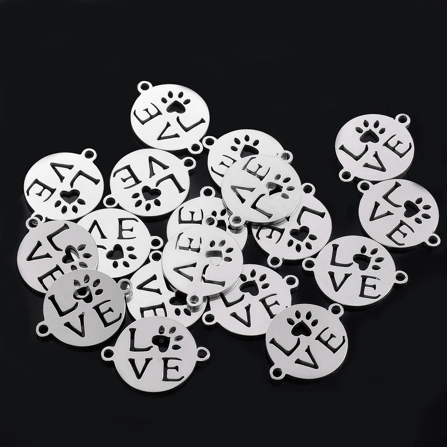 

10 pcs Stainless Steel Small Love Bracelet Charms Round Paw Jewelry Findings Bangle Connector Accessory 2 Holes DIY Charm
