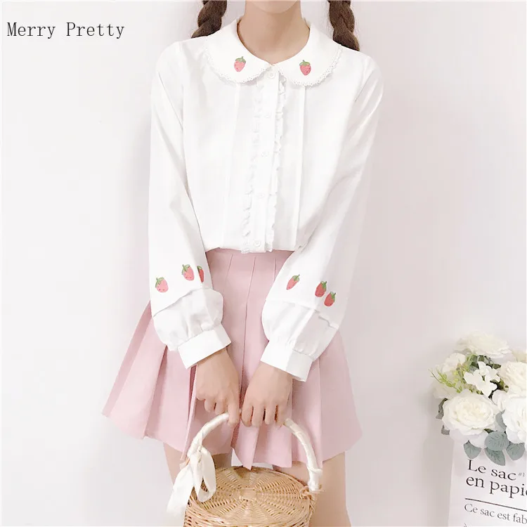 

Merry Pretty Sweet Women Spring Blouse Peter Pan Collar Embroidery Strawberry Blusas Long Sleeve White Cute Kawaii Shirt Girl