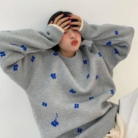 qweek korean style flower print gray sweater women kawaii fashion oversize knitted crewneck y2k long sleeve blue jumper female