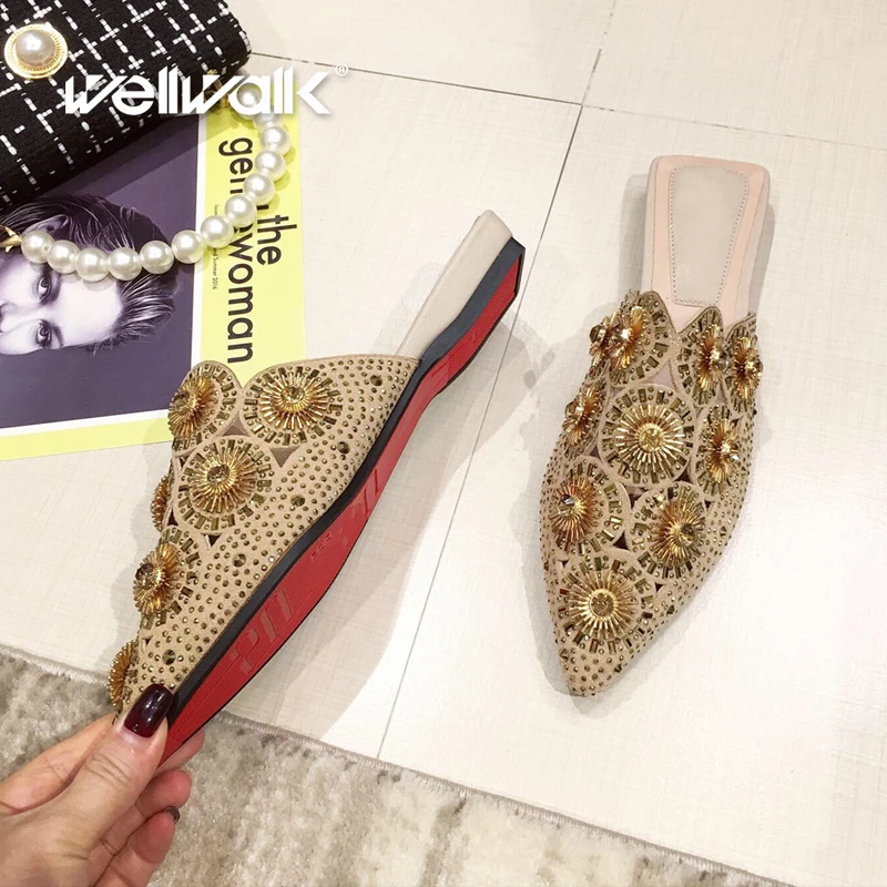 Женская обувь с цветами и стразами Женские шлепанцы на плоской подошве острым носком красной подошвой