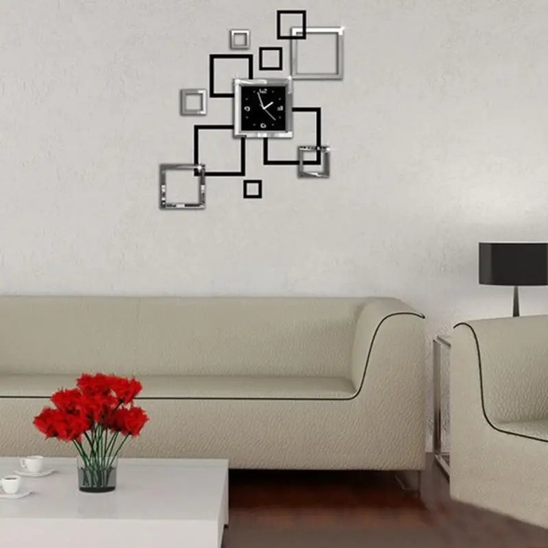 

3D Stereo Clocks Square Mirror Wall Sticker Removable Decal Art Mural Home Decor