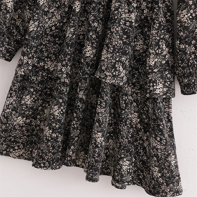

ZXQJ Women 2021 Fashion Waist Double Layer Cake Print Ruffle Mini Dress Vintage VNeck Long Sleeve Female Dresses Vestidos Mujer