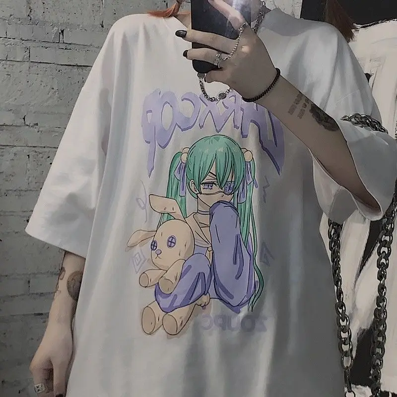 

Женская футболка в японском стиле Харадзюку, студенческие свободные белые футболки с коротким рукавом, летние винтажные топы с мультяшным ...