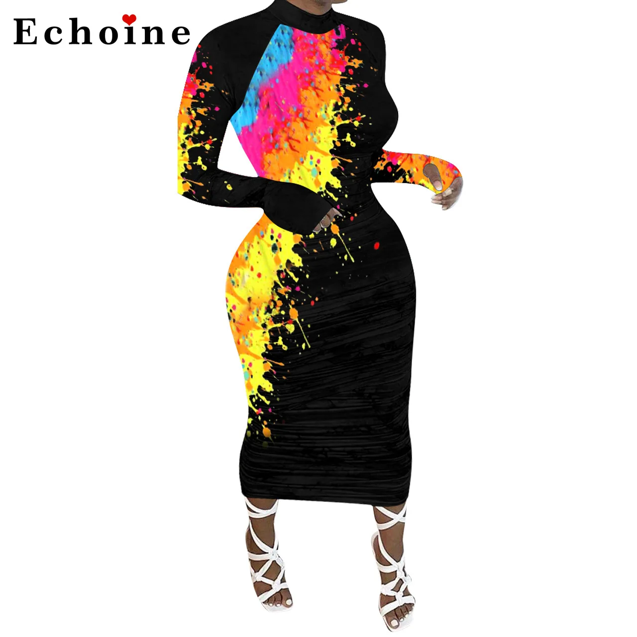 Женское платье в горошек с длинным рукавом и принтом граффити повседневная