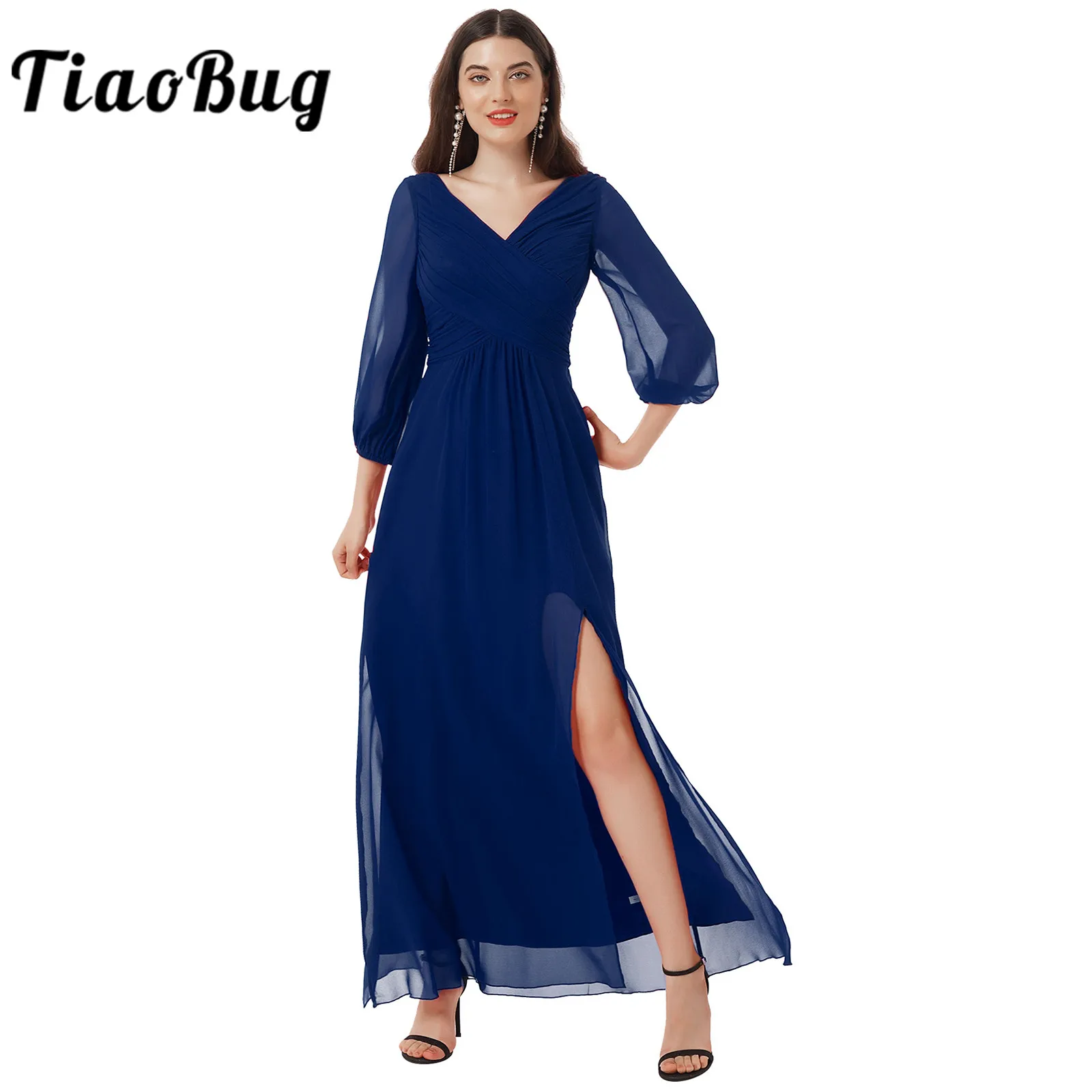 

Adults Womens Elegant Maxi Dress Wedding Party Dresses Sexy V Neck Side Slit Chiffon Long Dress Evening Prom Gown Robe De Soiree