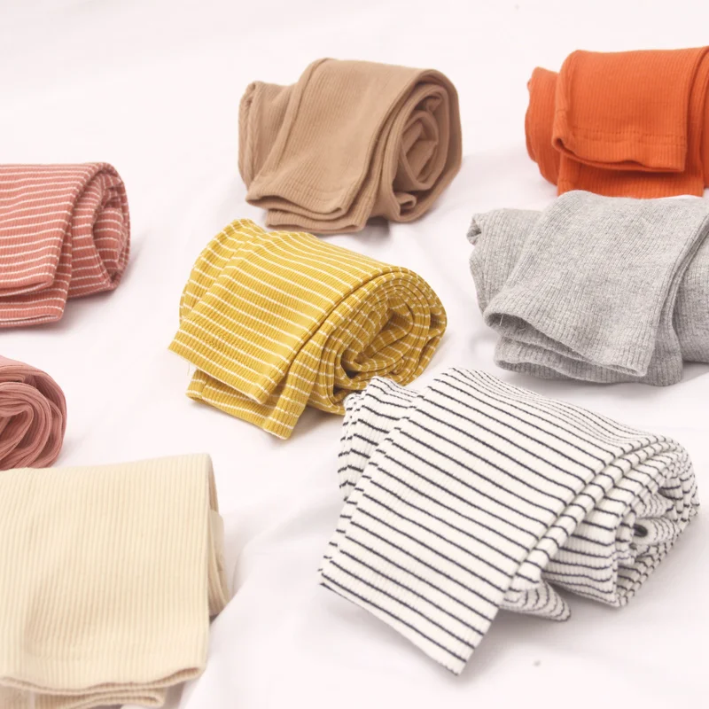 Осенние хлопковые полосатые облегающие леггинсы для девочек детские тонкие