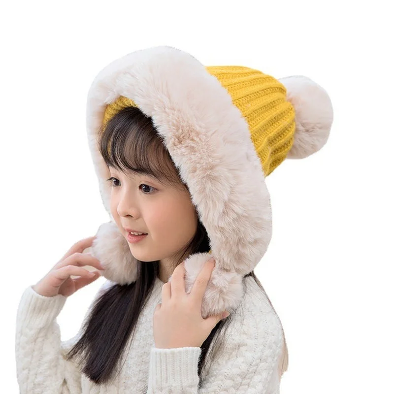 

Winter Boys Girls Hat Warm Windproof Cap Lei Feng Cap Fleece Lined Knitted Kids Hat with Earflap Hats with Pom-Pom 2-6 Years