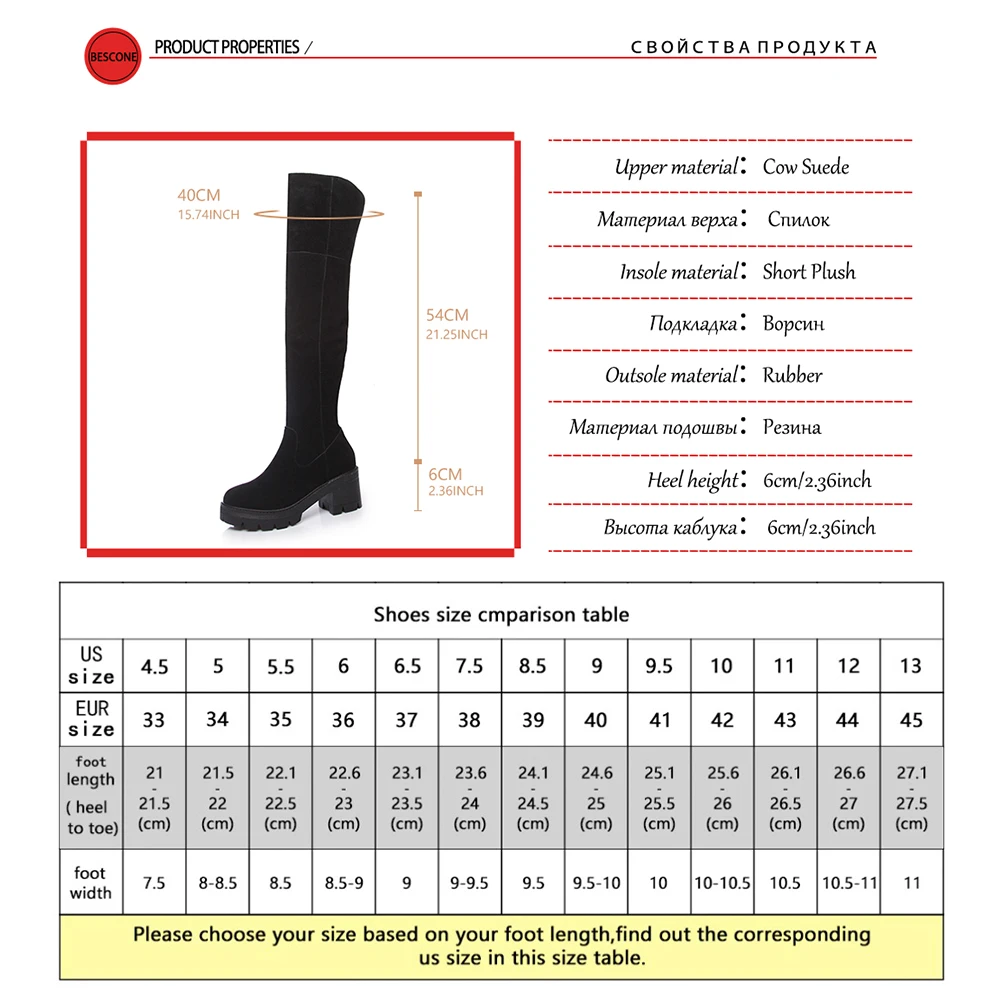 

Bescone Concise Woman's Shoes Style Over-the-knee Cow Suede Round Toe High Square Boots Thick Bottom Platform High Boots BO713