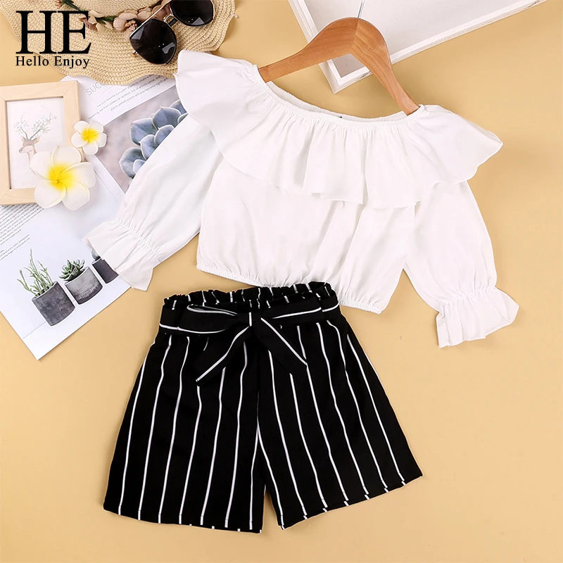 

HE Hello Enjoy Kids Chlidren Suit Set Solid Color Boat Neck Long Sleeve Pullover+ Striped Shorts for Teenager Girls 4-10 Years