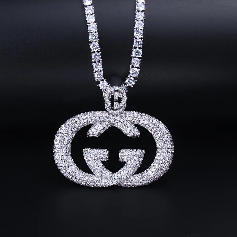 Iced Out двойной G кулон ожерелье с tenins цепь золото серебро цвет хип хоп Шарм цепи ювелирные изделия для мужчин подарок