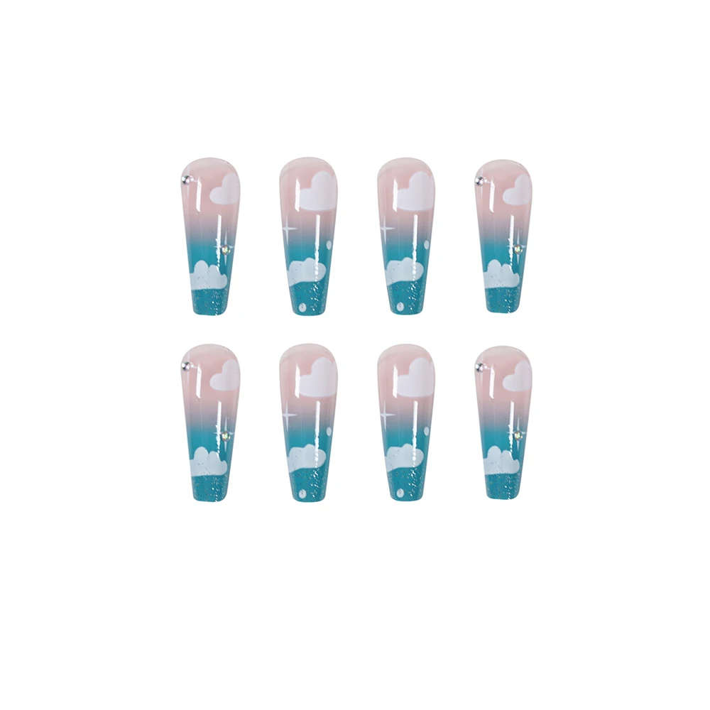 

24pcs Long Coffin False Nails Blue sky White cloud Ballet sequins wear nail art fake Women Fashion Detachable Design nail patch