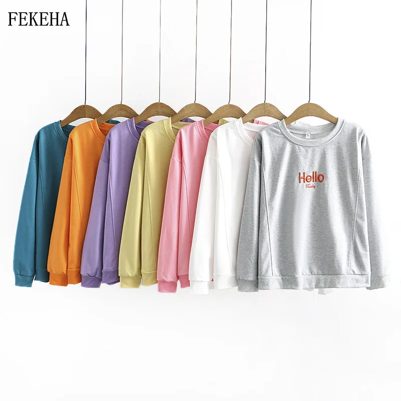 

Letter Embroidery Sweatshirt Women Pullover Long Sleeve Lady Tops Loose Solid Female Clothes Autumn News