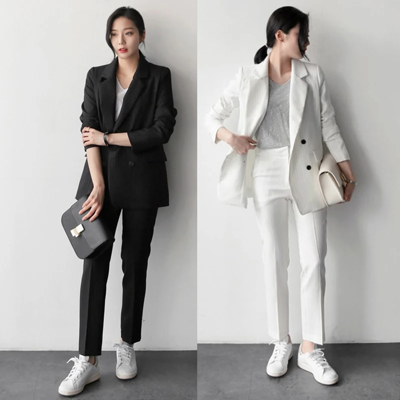 

Work Fashion Pant Suits 2 Piece Set for Women Striped Blazer Jacket & Trouser Office Business Suit Korean Lady Formal