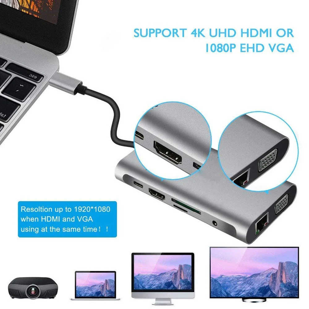 Адаптер USB Type C-HDMI 4K VGA RJ45 Lan Ethernet SD TF USB-C C 3 0 5 мм разъем аудио видео конвертер для MacBook