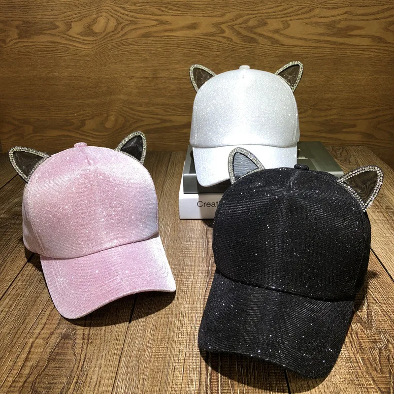 Women Girl Baseball Cap Snapback Trucker Sun Hat Cat Ears Rhinestone Cute Fashion Streetwear Adjustable Strap