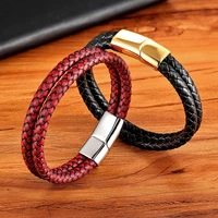 tyo double layer braided wrap leather bracelets for men stainless steel magnetic clasp buckle accessories charm punk jewelry
