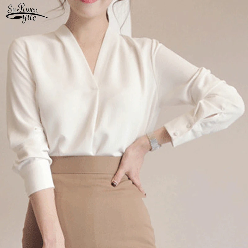 

2022 Autumn New Long Sleeve White Chiffon Blouse Female Korean Style Deep V-neck Wild Loose Shirts Socialite Womens Tops 9382 50