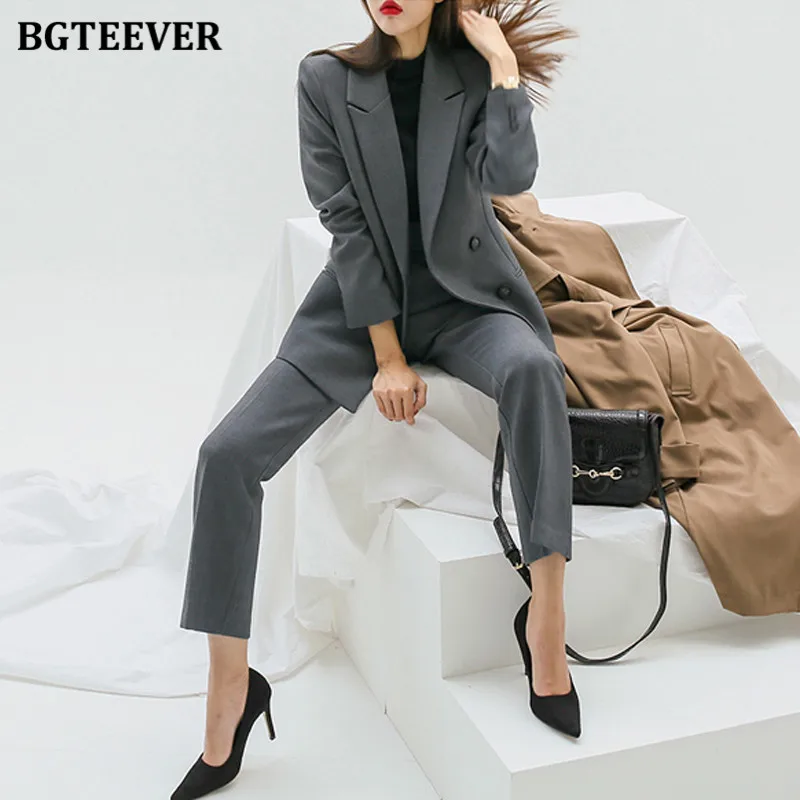 Элегантные серые женские брючные костюмы BGTEEVER двубортная куртка и брюки с