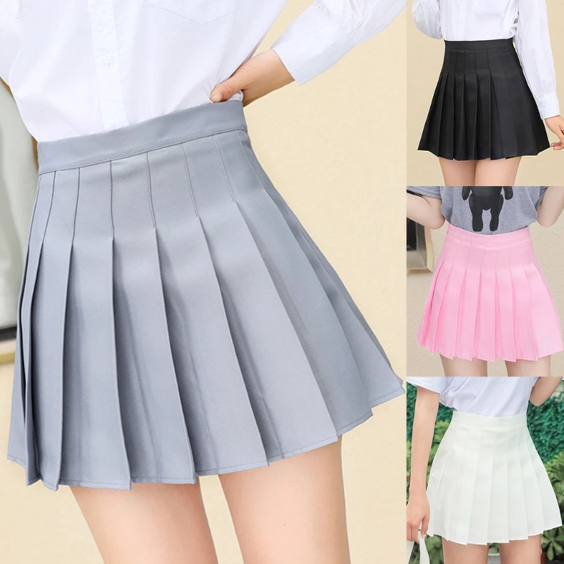 

Women Girls High Waisted Pleated Skater A-Line Mini Skirt with Lining Safety Shorts Simple Solid Color Tennis School Kawaii M7DD