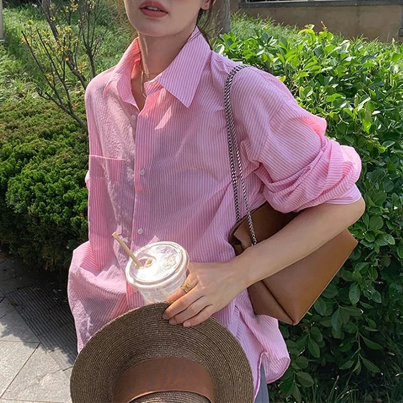 

Early Autumn New Sweet Chic Long-sleeved Top French Hong Kong Style Stripes Shirt Women's Design Sense Niche Chiffon Shirt