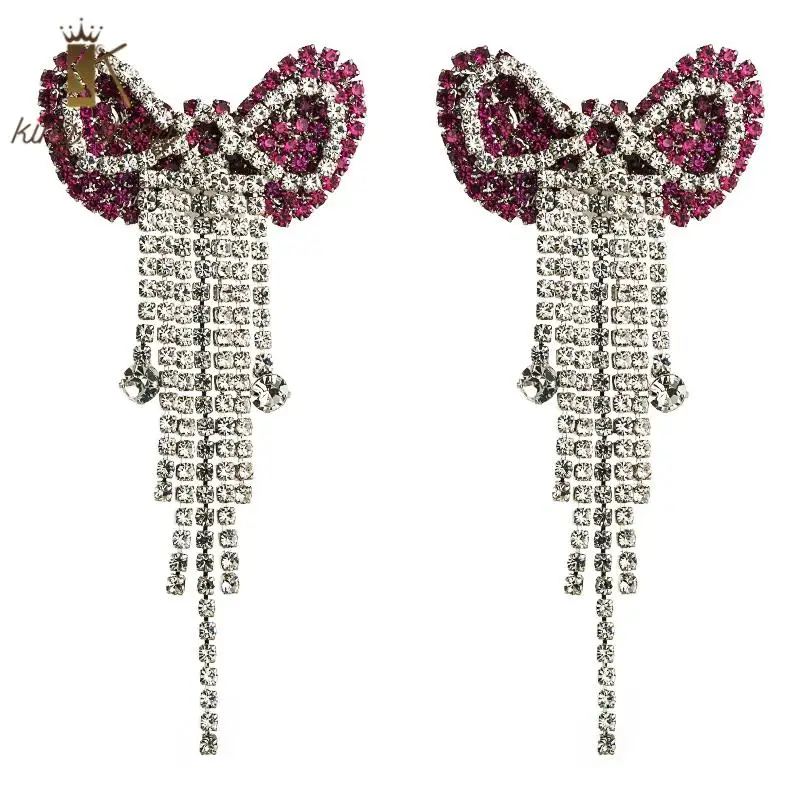 

Temperament Shiny Rhinestone Long Chain Tassel Earring Luxury Full Crystal Bowknot Bridal Wedding Party Statement Dangle Earring