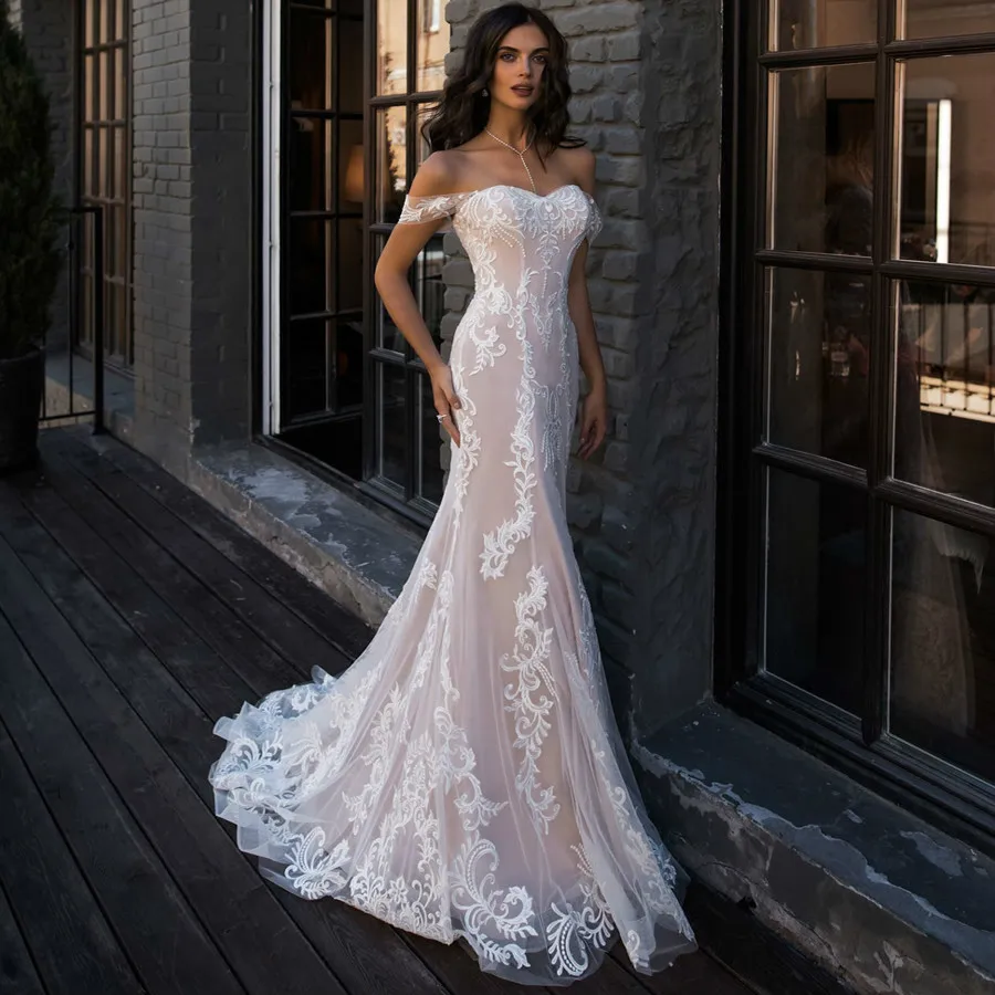 

Sexy Mermaid In Sleeveless Shoulder Bridal Dress Lace Wedding Dress Stealing Mariage