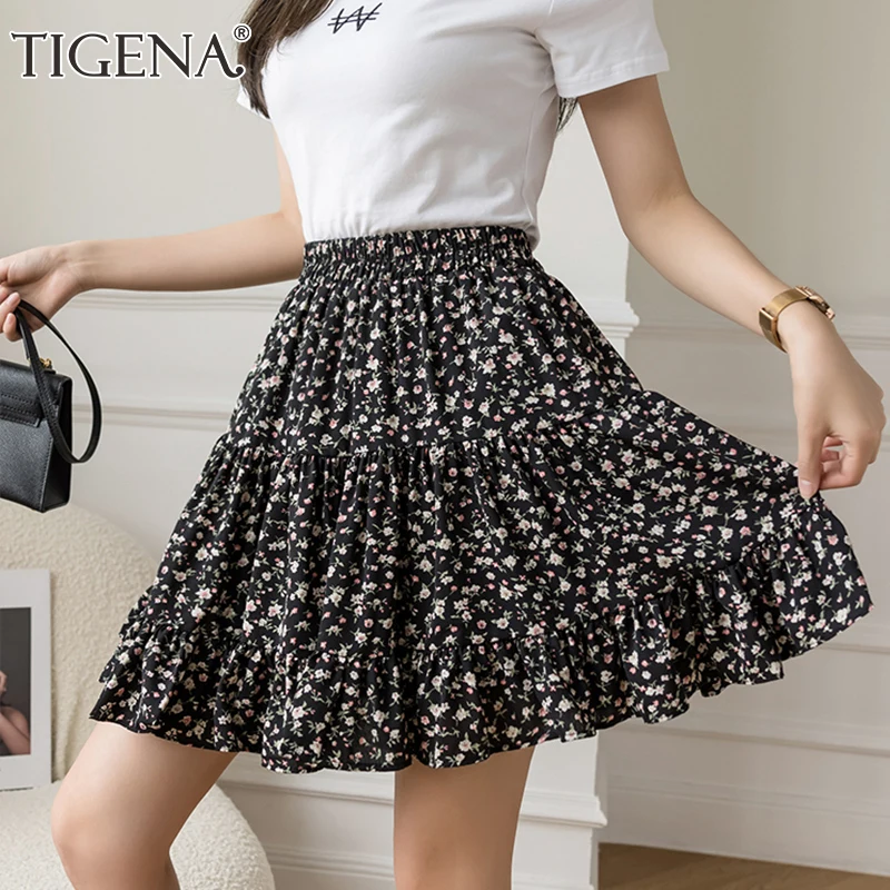 

TIGENA Cute Mini Pleated Summer Skirt Women 2021 Korean Fashion Floral Print A Line High Waist Chiffon Shorts Skirt Female Beach