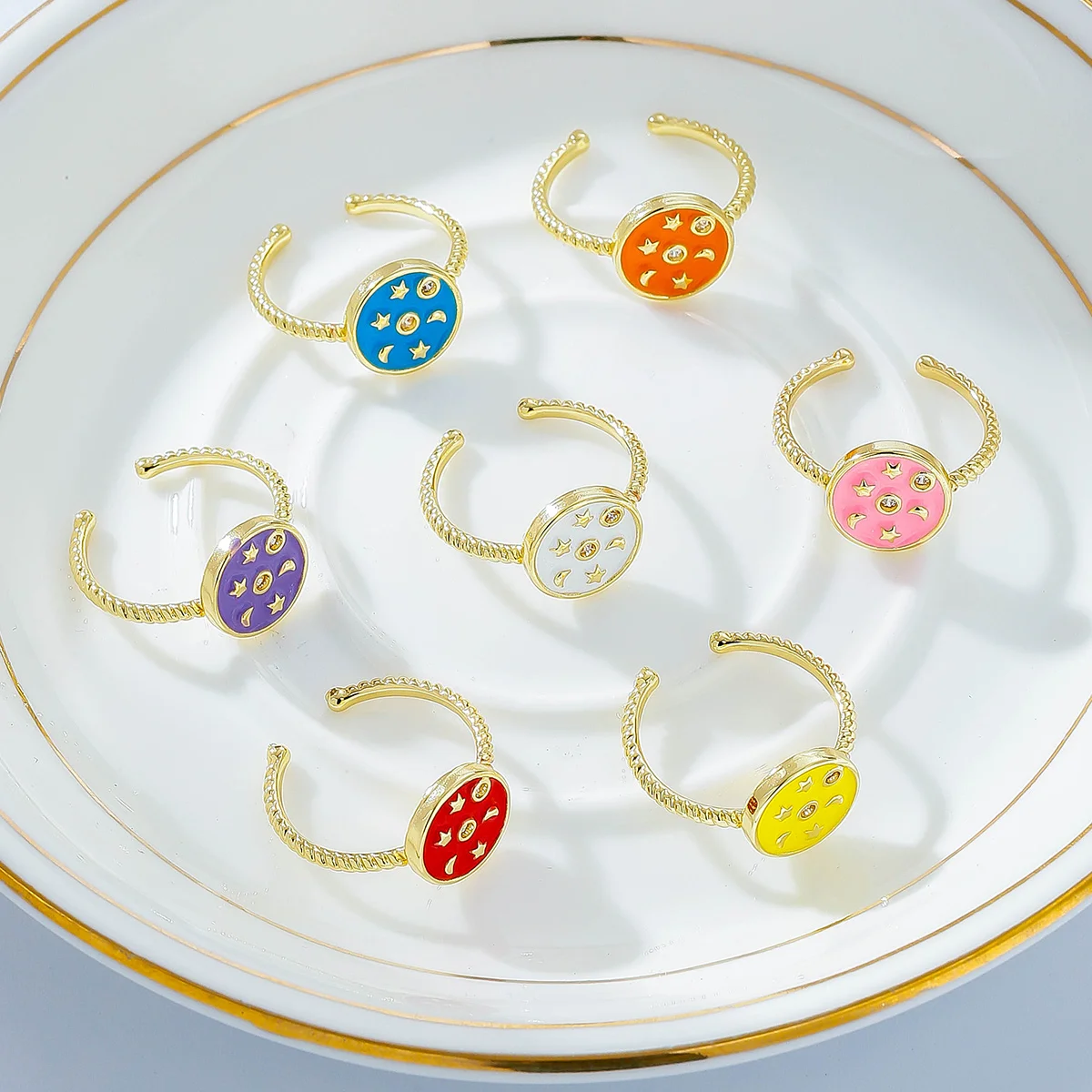 

Adjustable Opening Fashion Metal Drop Oil Star Moon Sun Ring Women's Popular Retro Ring Party Jewelry Gift