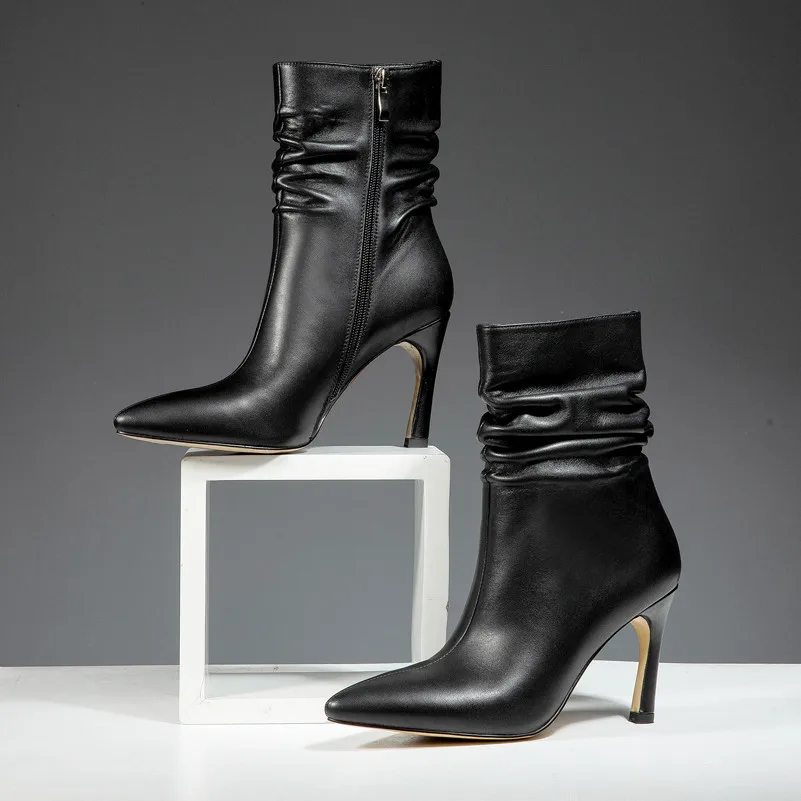 ANNYMOLI Winter Ankle Boots Women Natural Genuine Leather Zip Thin Heel Short Pleated Extreme High Shoes Lady | Обувь