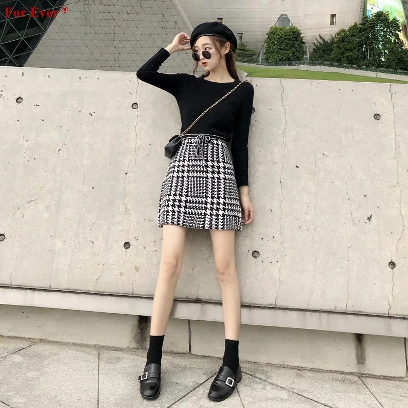 Женский модный костюм осень/весна новый ретро плед шерсть короткая юбка мини