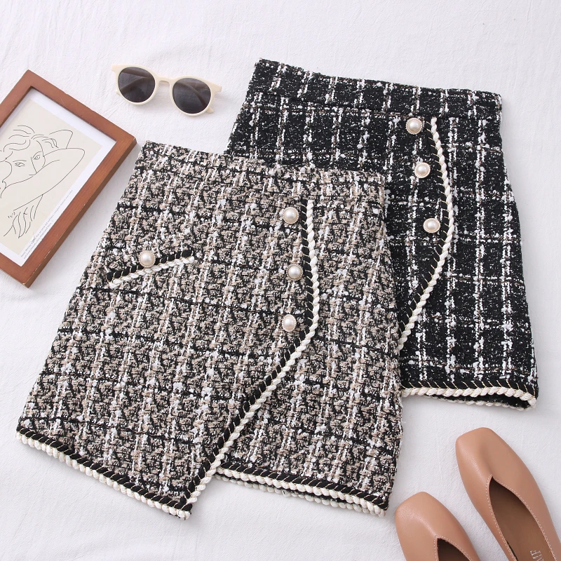 

Tweed Skirts for Women Solid High Waist Slimming Skirts Autumn Spring 2021 Buttons Double Breasted Tweed Wool Mini Skirt