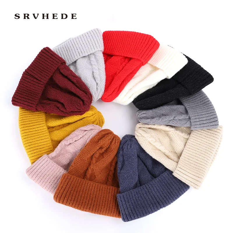 Толстые шерстяные зимние шапки для женщин вязаные однотонные милые девочек