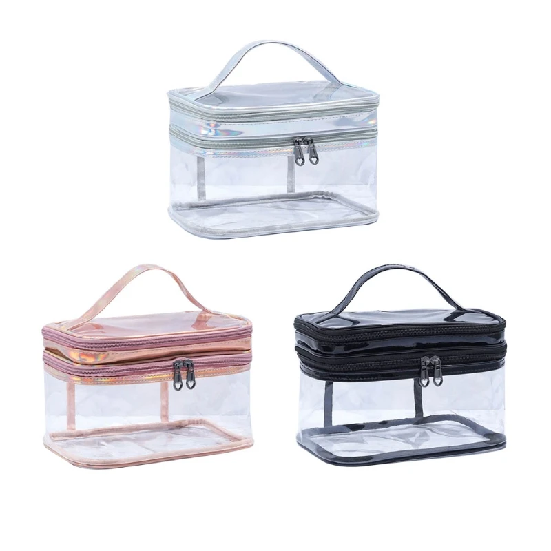 

H8WD Portable Clear Makeup Bag 2 Layers Zipper Cosmetics Bags Transparent Travel Storage Pouch PVC Toiletry Organizers with for