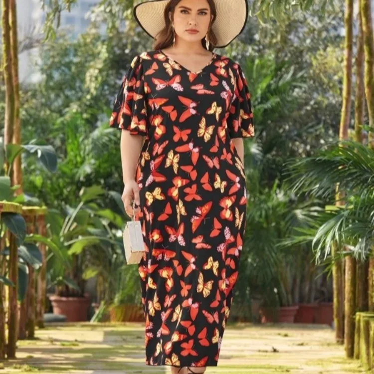 

WEPBEL Chiffon Dress Women's Casual Loose Dress Summer Fashion Butterfly Print V-neck Short Sleeve Dress Plus Size