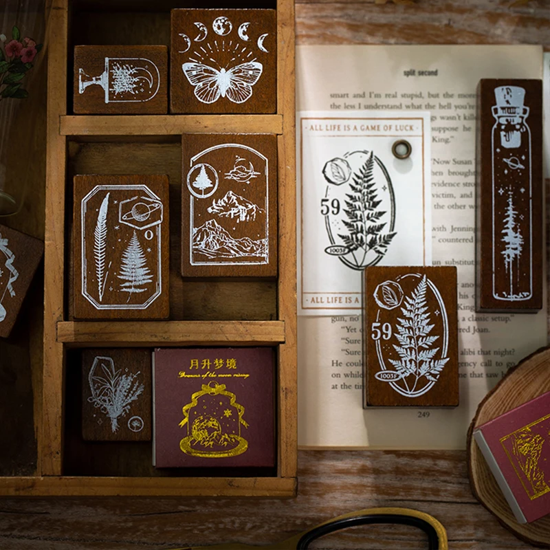 Винтажные травы в лесу украшение виде Луны отметка для скрапбукинга