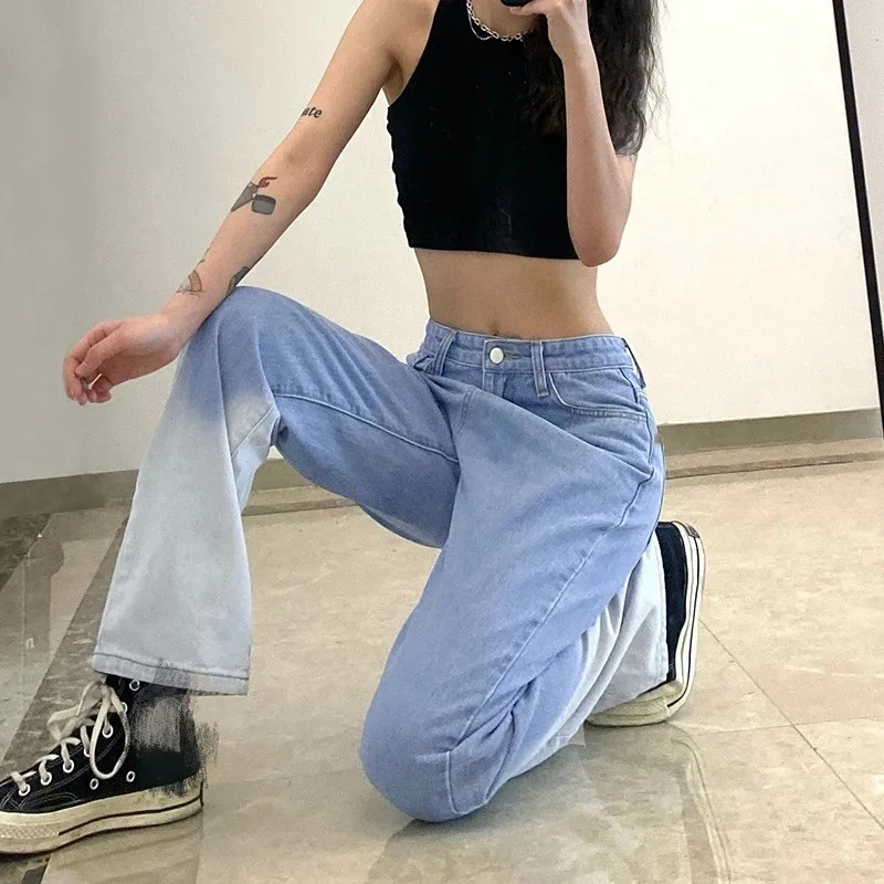 

Patchwork Women Jeans Fashion Gradient Color High Waist Straight Casual Denim Trousers 2021 New Office Lady Denim Pants Female