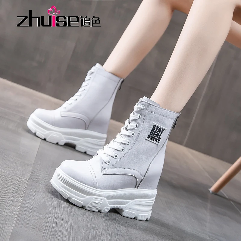 

10CM Fashion Top Cowhide Leather Shoes Autumn Martin Boots Platform Internal Increase High Heeled Boots In-tube Boot Women Boots