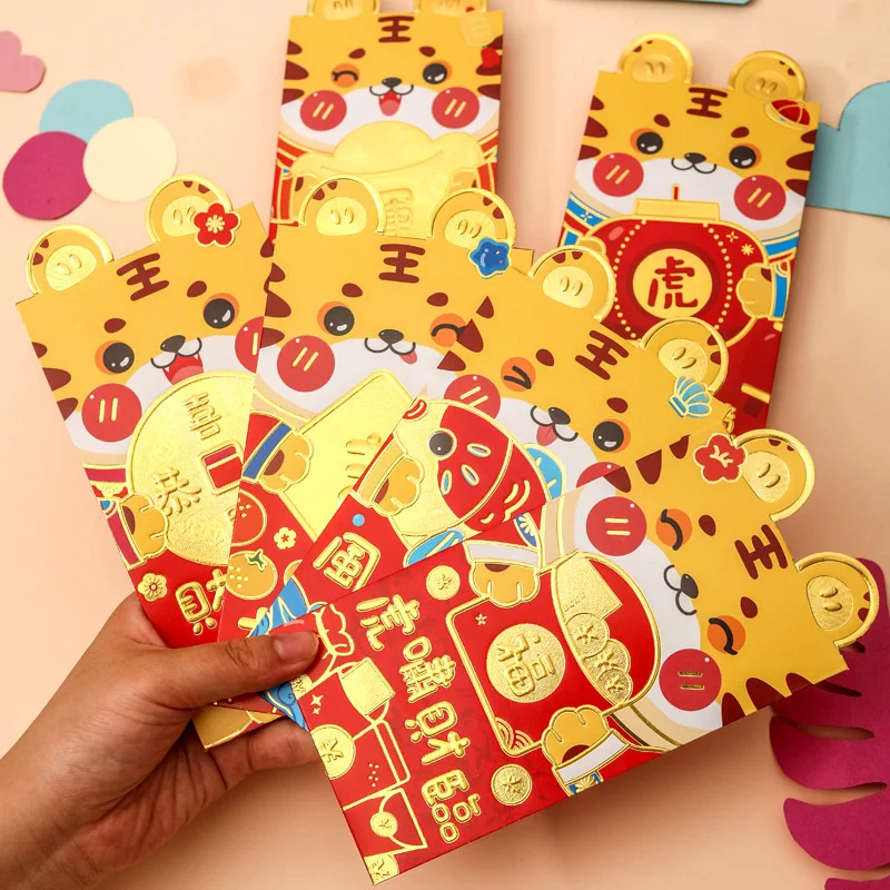 

24PCS/set Cartoon 3D Bronzing Red Envelope For The Chinese New Year Of The Tiger General Red Envelope Bag 2022 Spring Festival