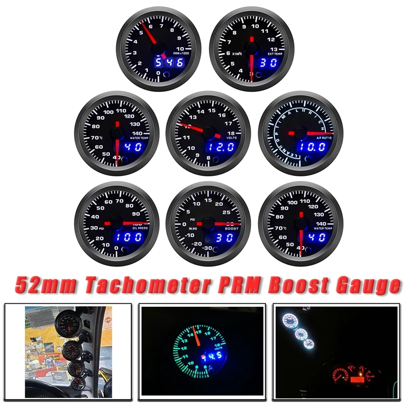

52mm Tachometer PRM Boost Gauge Voltage EGT Gauge Water Temperature Oil Temp Oil Pressure Car Gauge Fit for 12V Car