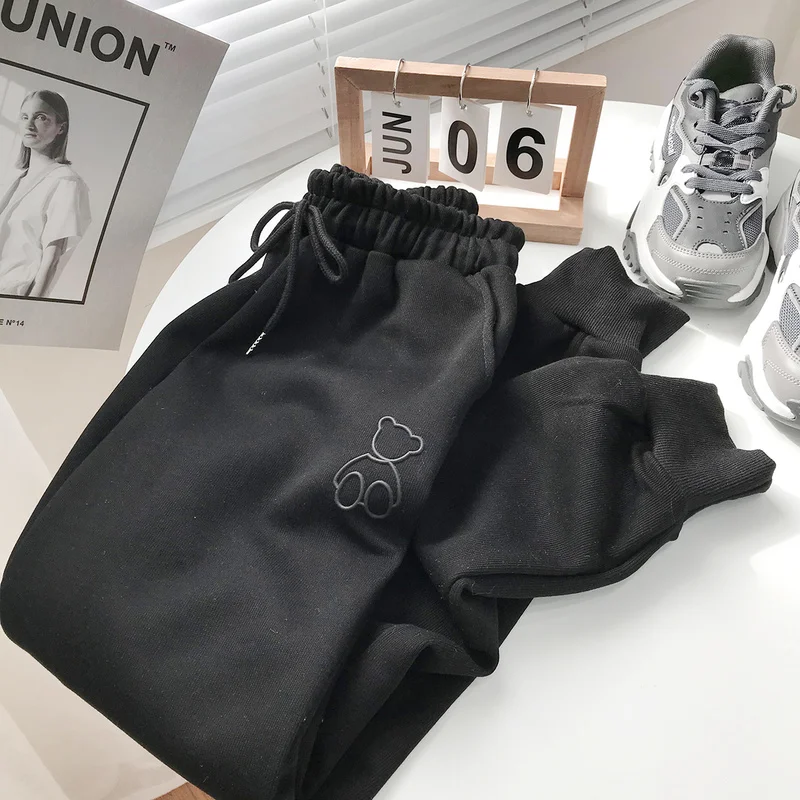 

KUSAHIKI 2021 Spring Causal Harem Pants Korean Lace Up Stretch High Waist Ankle Trousers Cartoon Bear Fashion Sweatpants 6E348