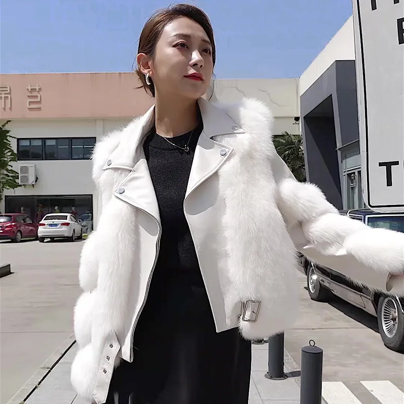 Winter Fashion New Sheep Skin Splicing Fox Fur Teddy Coat Women's Short Real Fur Wool Covered Button Lantern Sleeve Slim Jacket