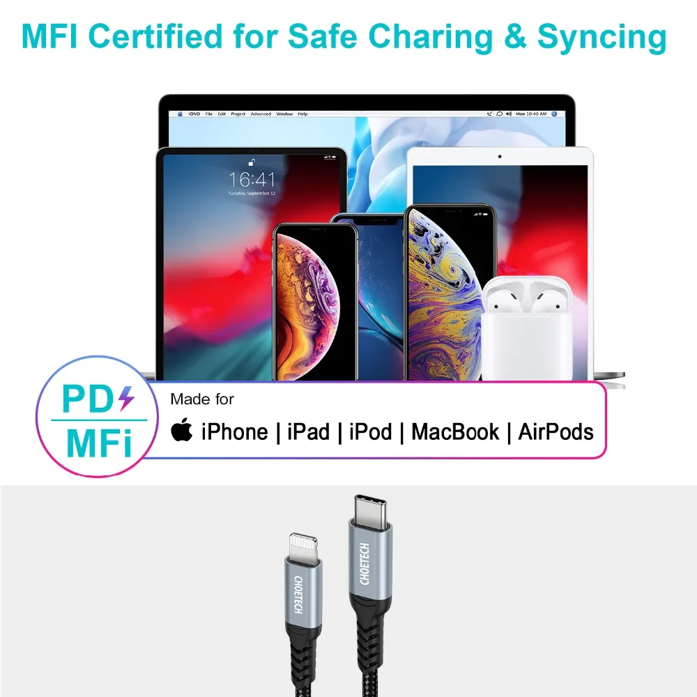 CHOETECH MFi usb type C для Lightning Кабель для iPhone 11 Pro X XS 8 PD18W быстрый USB C зарядный кабель для передачи данных для Macbook USB шнур зарядка для айфона кабель iphone