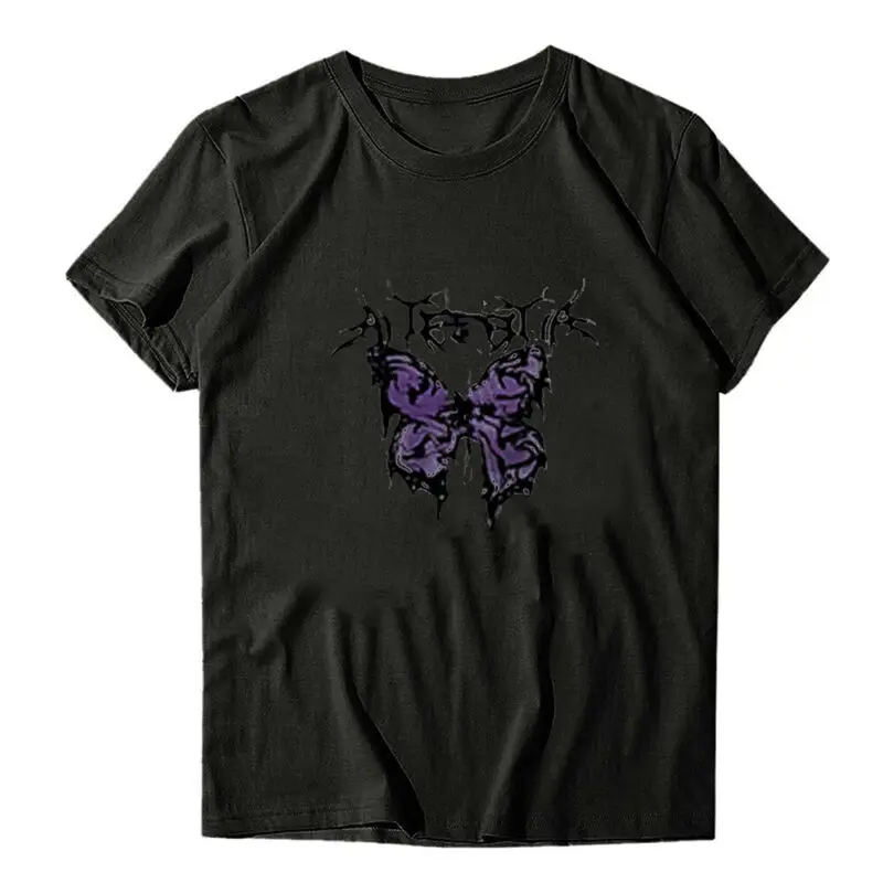 

Women Basic Tops Crew Neck T Shirt Summer Holiday Butterfly Printed Tunic Tee