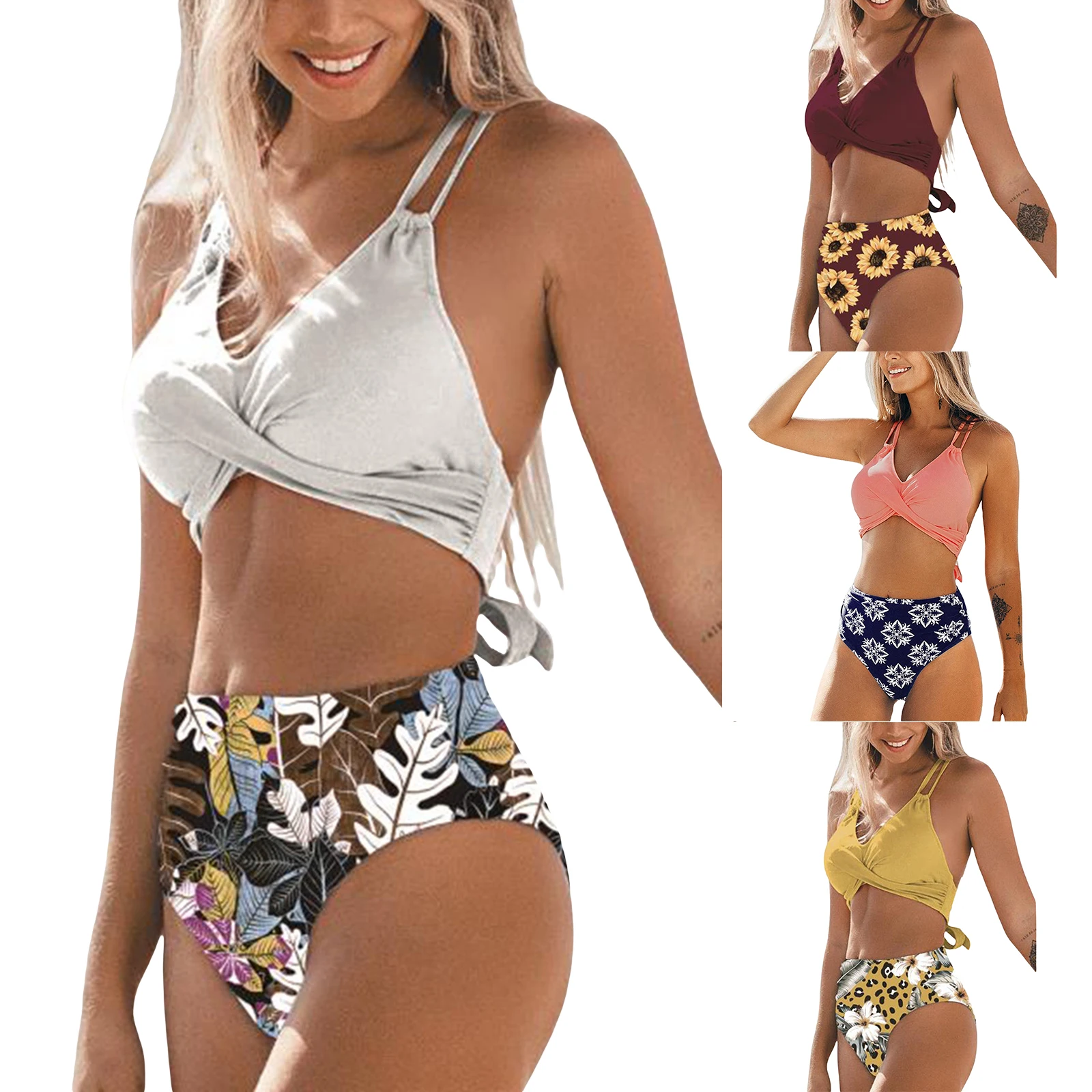 

Women Fashion 2-piece Swimming Suit Backless Solid Color Tops+High Waist Bottoms Set