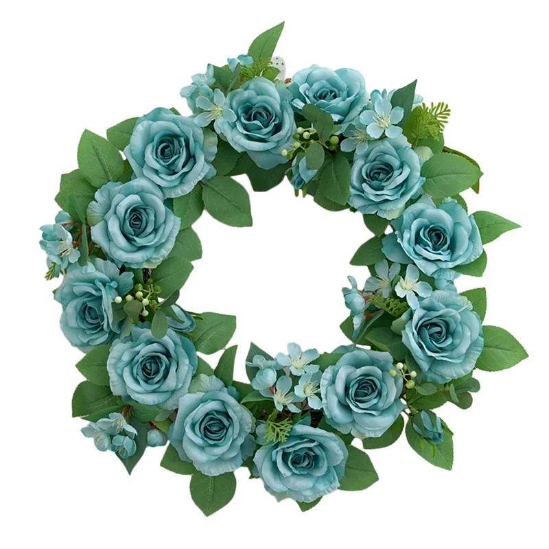 

Artificial Blue Rose Flowers Wreath Spring Summer Wreath for Front Door Window Wall Wedding Party Farmhouse Home Decor