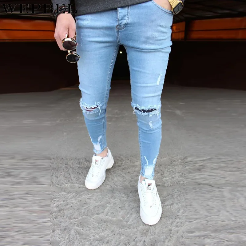 

WEPBEL Jeans Men's Fashion Slim-Fit Mid-Waist Pencil Trousers Spring Autumn Leisure Solid Color Ripped Pocket Denim Trousers