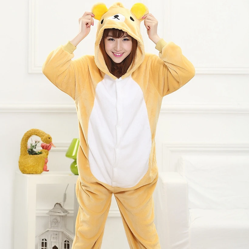 2019 Winter Women Kigurumi Onesie Rilakkuma Bear Pajamas Sets Cute Flannel Animal Pajama Nightie Warm Hooded Sleepwear Costume