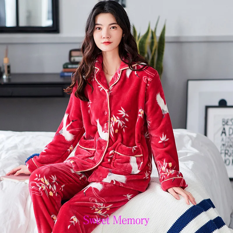 

2020 Sweet Memory Woman Winter Thick Warm Flannel Sleepwear Clothes Pajama Home Wear