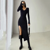 knitted sweater dress spring sexy french slit bodycon mini dress female solid slim tight fitting v neck long sleeve dresses 2022