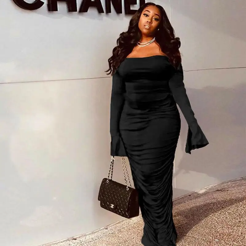 

ZITY Fashion Women Off Shoulder Dresses Long Sleeve Ruffled Dress Bodycon Party Dress